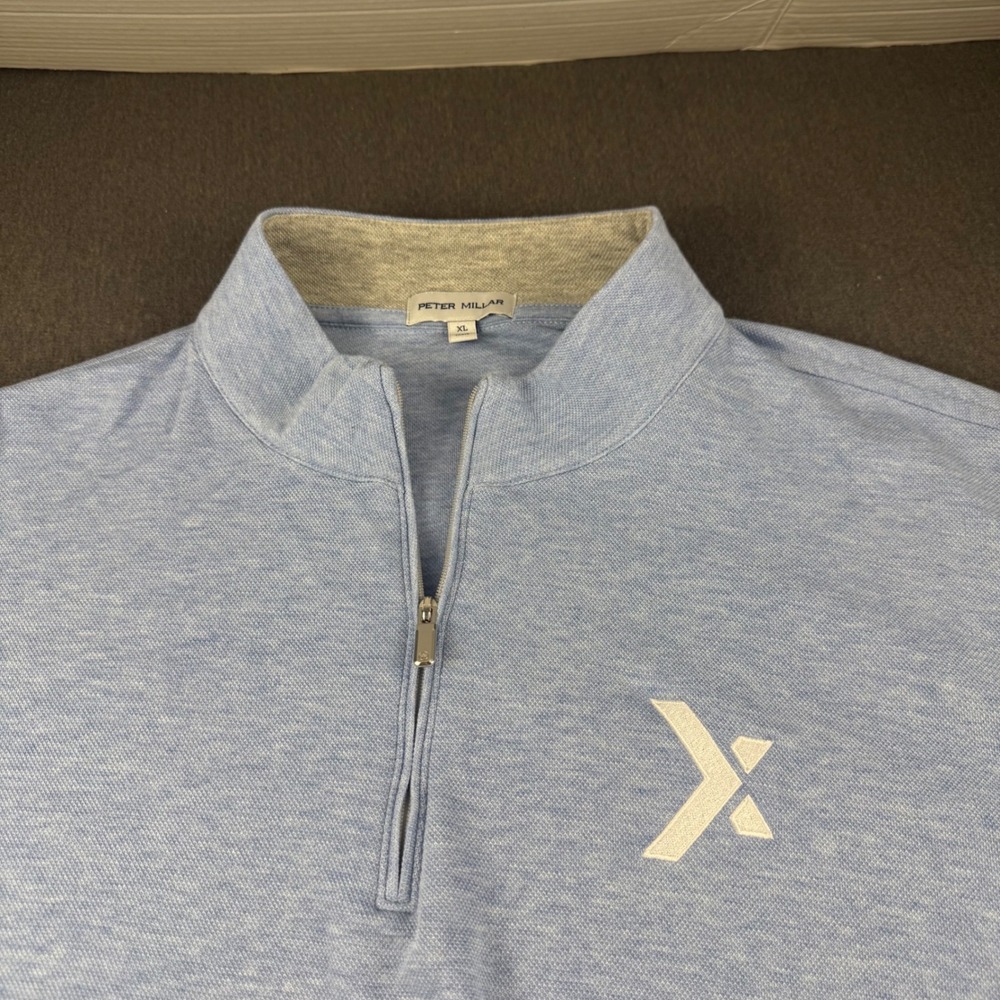 Peter Millar Mens XL Light Blue Heathered Quarter Zip Pullover Logo Sweater